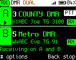Dual watch on two receivers: a call on each, high-contrast theme