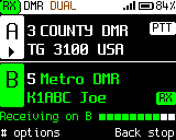 Dual watch: a call coming in on B, high-contrast theme