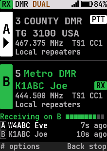 Dual watch: a call coming in on B