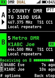 Dual watch: a call coming in on B, high-contrast theme