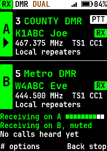 Dual watch on two receivers: a call on each, high-contrast theme